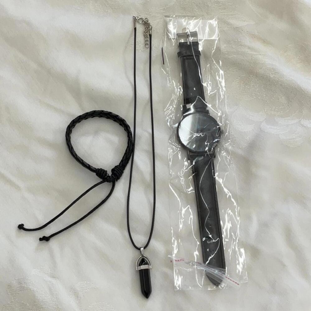Mens black 3 piece jewelry set, watch necklace and bracelet New - Picture 1 of 7